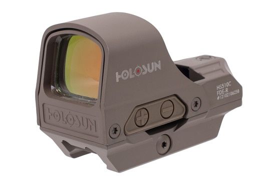 Holosun HS510C Open Reflex Circle Dot Sight in FDE has push buttons for adjustments